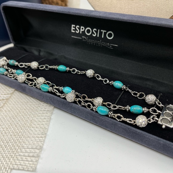 Vintage Joseph Esposito Sterling Silver Turquoise & CZ Bead Bracelet - Picture 4 of 16